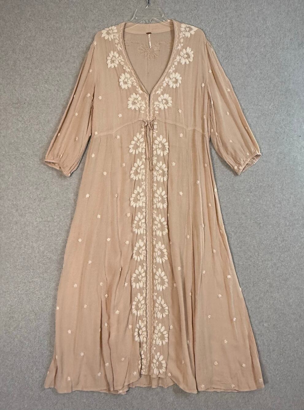 Free People Embroidered Fable Midi Dress Size L Long Sleeve Boho Neutral Beachy